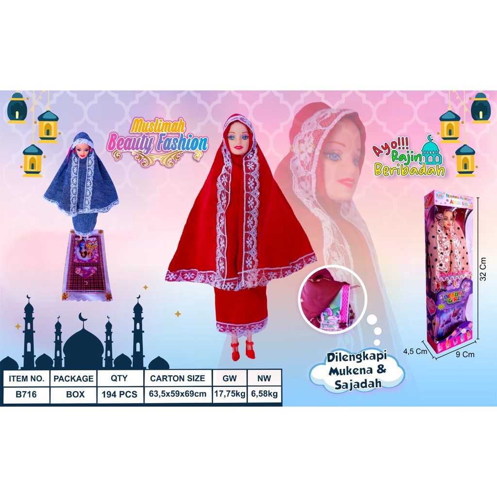 B716 - Mainan Boneka Berbie Muslimah Berbi Pakai Mukena dan Ada Sajadah B 716