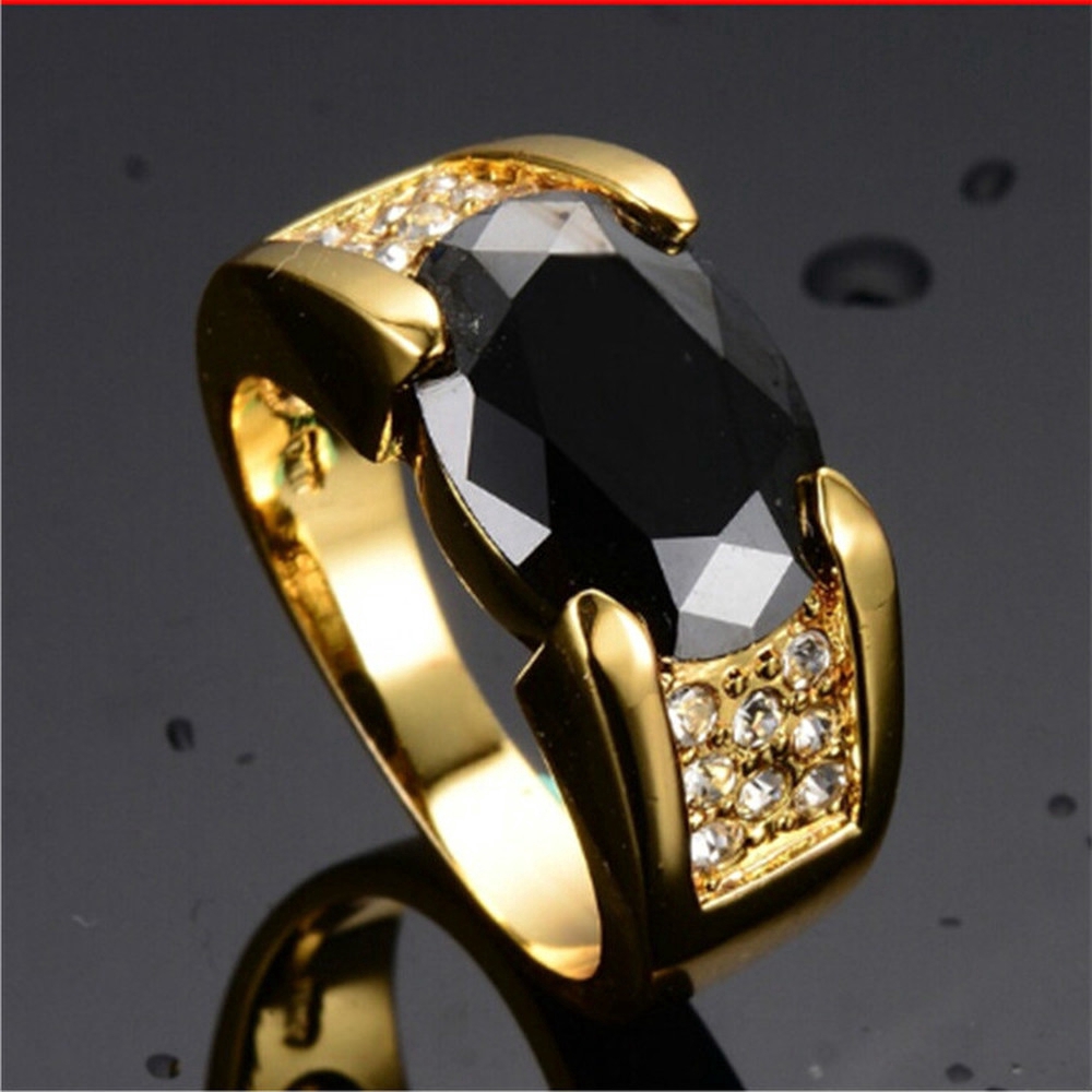 Cincin Emas 18K Hias Batu Permata Kristal Agate Hitam Untuk Pria Dan Wanita