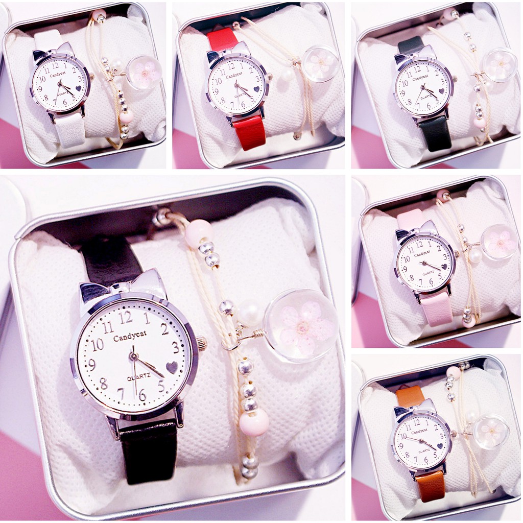 ✅ COD KUMA Jam Tangan CandyCat Wanita Motif Pita Love Dengan Tali Strap PU Fashion Gaya Korea