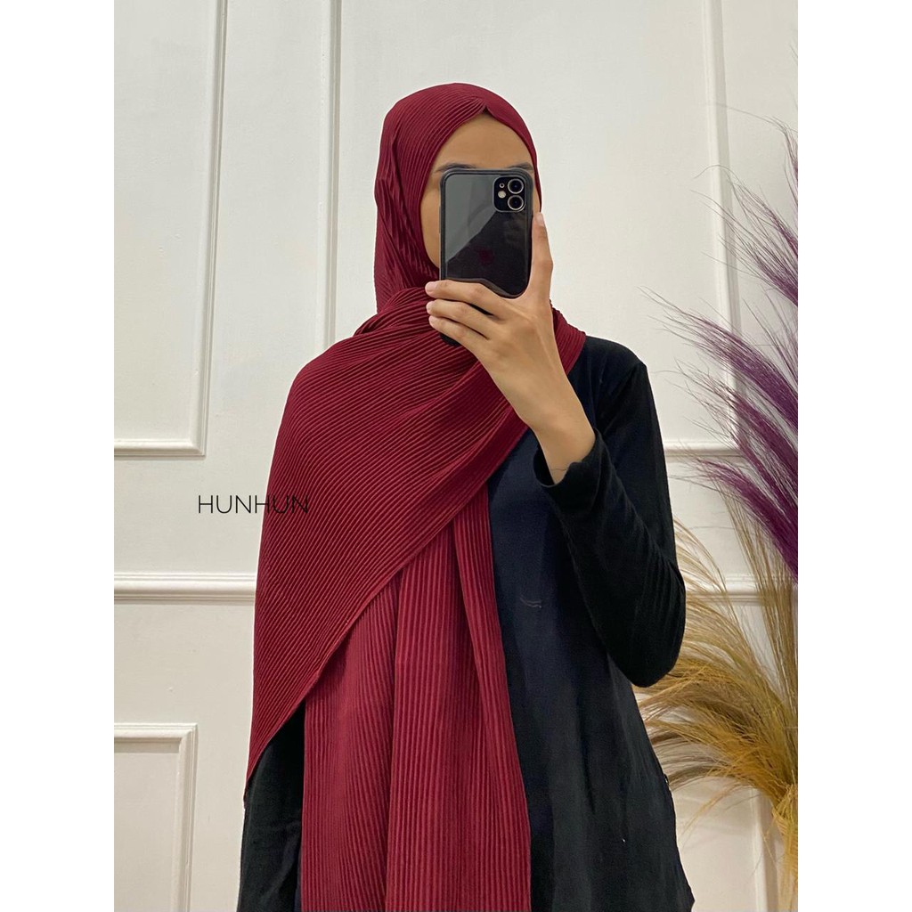 (Full Plisket Ceruty) Pashmina Pasmina Plisket Lidi Premium/ Fatin Jilbab Pasmina-FULL CERUTY (A)MARON