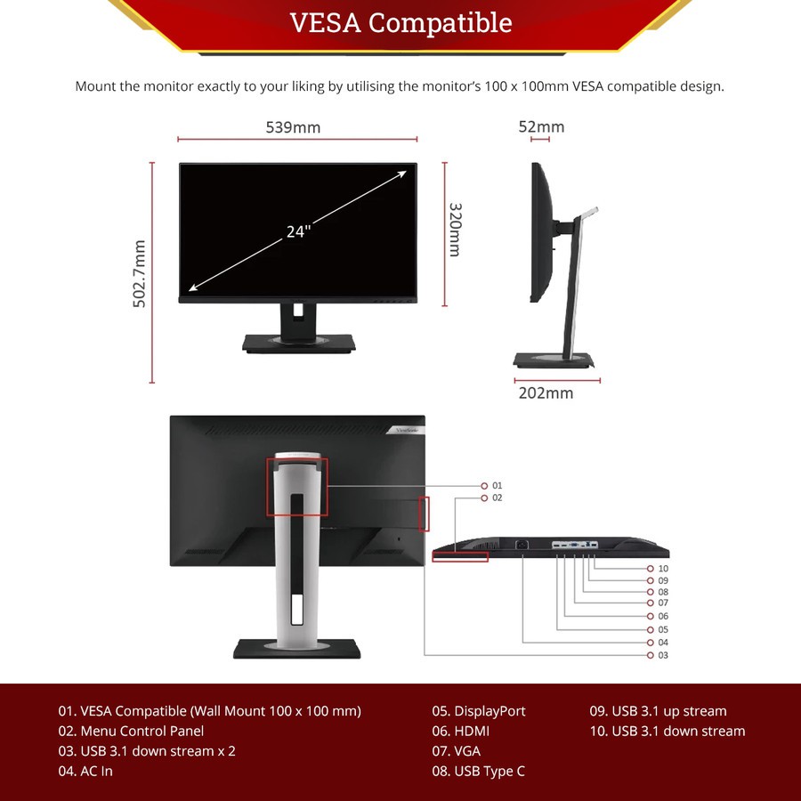 Monitor led viewsonic 24 inch IPS Type-c-displayport-vga-hdmi-Usb-b 3.0-Usb-a 3.0 fhd 1080p vg2455