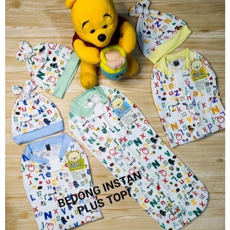 Bedong Bayi Instan + Topi Model Resleting Motif Alphabet Bolo Bolo SNI