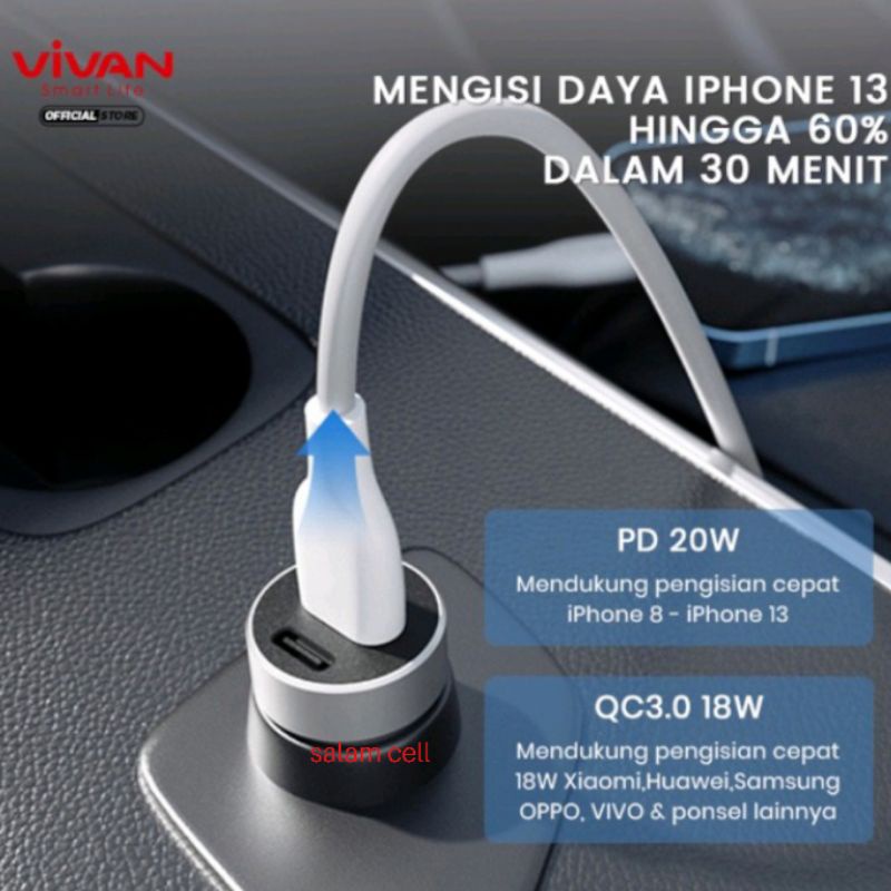 Car Charger VIVAN Casan Mobil 2 Ports USB-A 69% &amp; Type C 20W 3A QC3.0 PD Fast Charging Garansi 1 Tahun