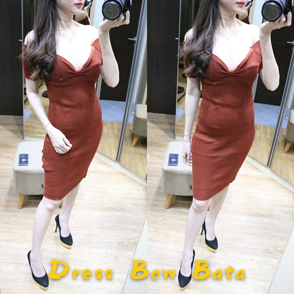 MDLV ~ DRESS BOW RAJUT DRESS BODYCON DRESS KOREA STYLE DRESS SEXY FASHION WANITA