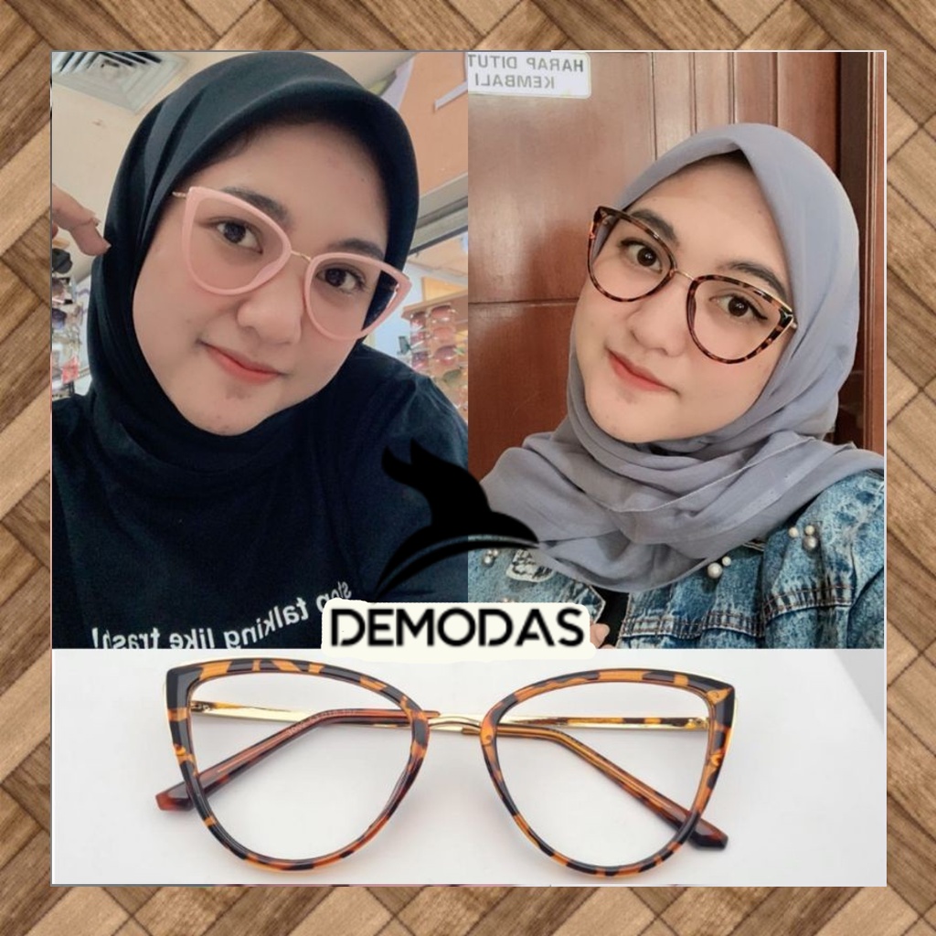 Demodas Kacamata Cat Eye Mata Kucing Wanita Lensa Photocromic Bluecromic Antiradiasi Blueray Gratis Minus Silinder 3002 Frame kacamata lensa Bluechromic photochromic cateye Demodas Glasses