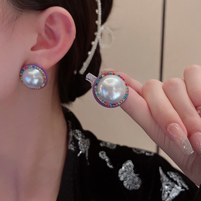 Anting Stud 925 silver needle Bentuk Lingkaran Besar Aksen Mutiara Berlian Imitasi