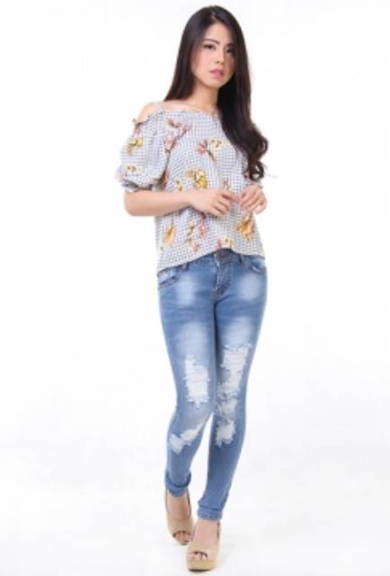 Ripped Skinny Jeans Wanita JSK jeans Celana Panjang Denim Jeans