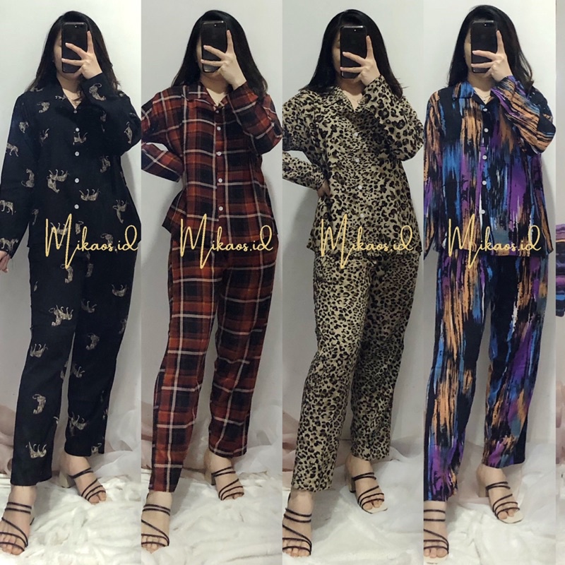 Mikaos Piyama Rayon Set Panjang Premium | Baju Tidur Rayon Set | Piyama Oneset | Oneset Piyama