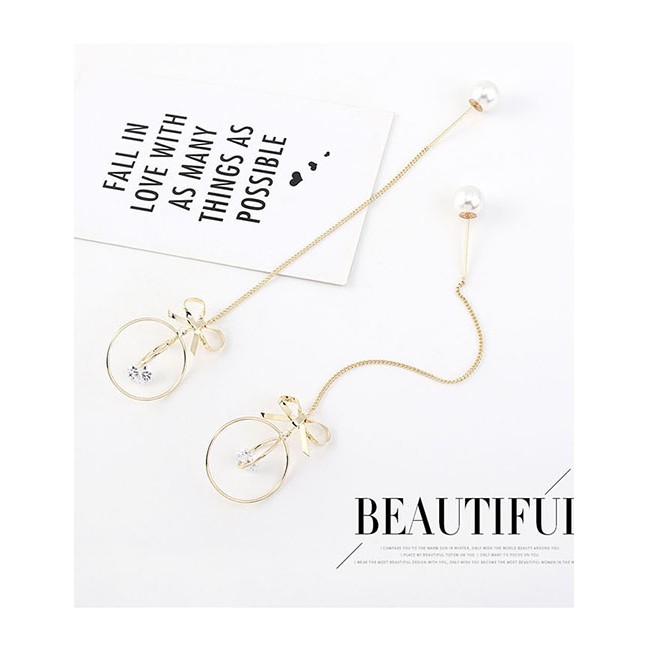 LRC Anting Tusuk Fashion Platinum Tassel Pearl Bow Circle With Diamonds Earrings Y63126