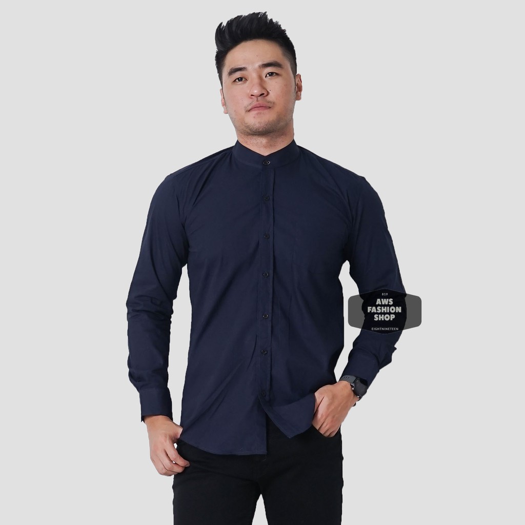 Kemeja Pria Lengan Panjang Polos Biru Navy Dark Blue Kerah Shanghai Koko Polos Slimfit Casual