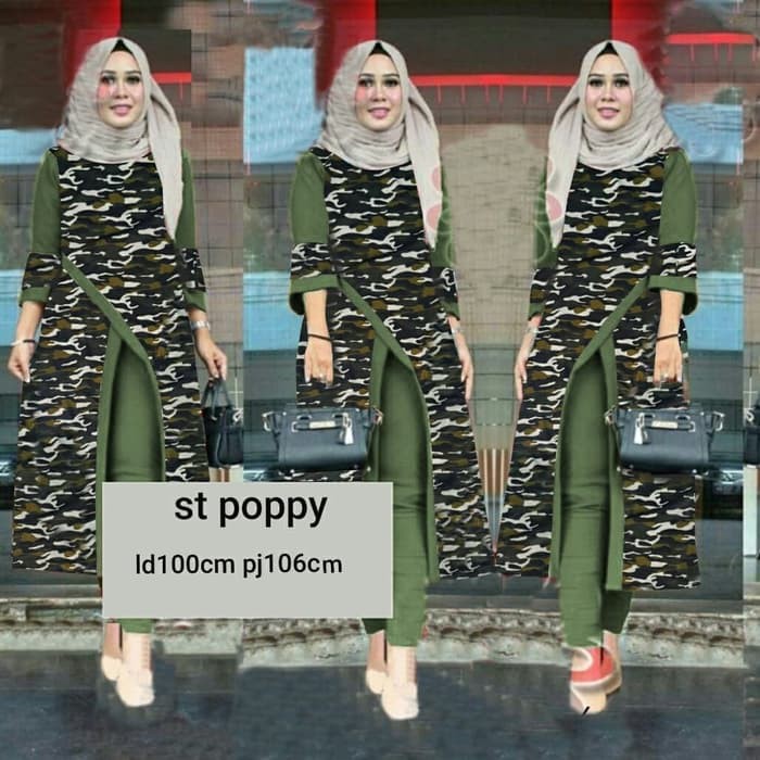Stelan Poppy Army [Hijab 0109] RKZ Baju Gamis Wanita Terbaru