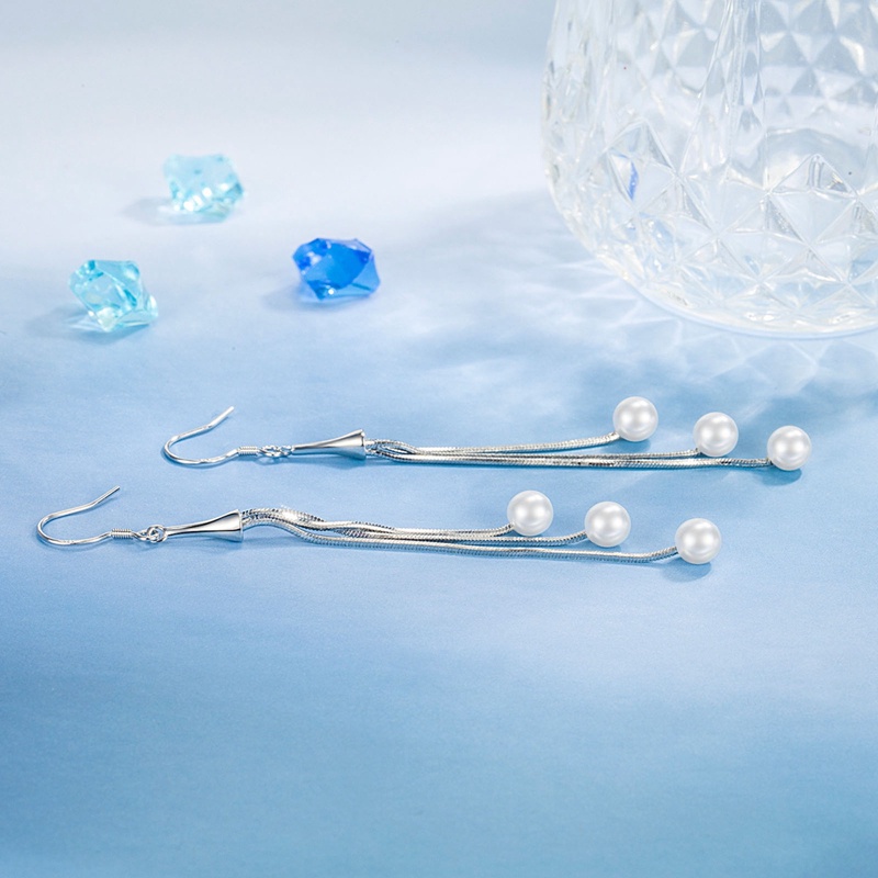 Anting Rantai Panjang Warna Silver Aksen Moonstone Gaya Korea Untuk Wanita