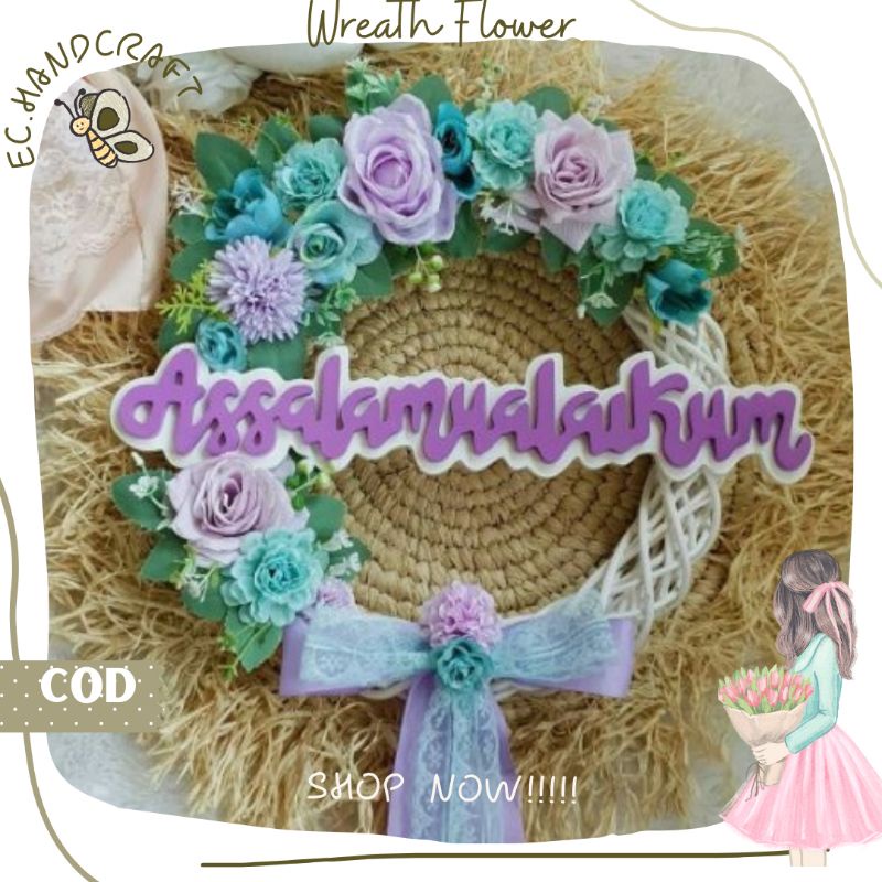 Hiasan Dinding Akar Wreath Flower Rotan Nuansa Hijau Tulisan Salam Ungu Lapis Ring Homedecor Dekoras