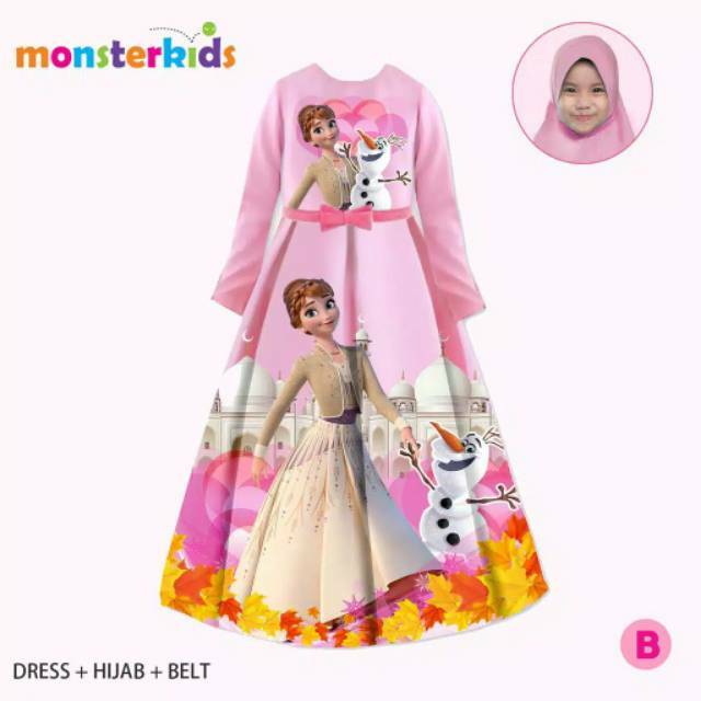 Dress baju  gamis  anak  perempuan jilbab frozen pink anna  