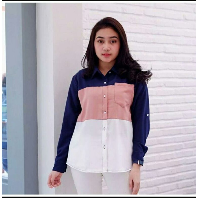 Kemeja Wanita Polos Casual Blouse basic Kombinasi Warna Lengan Panjang Kekinian  Moscrepe 3 warna