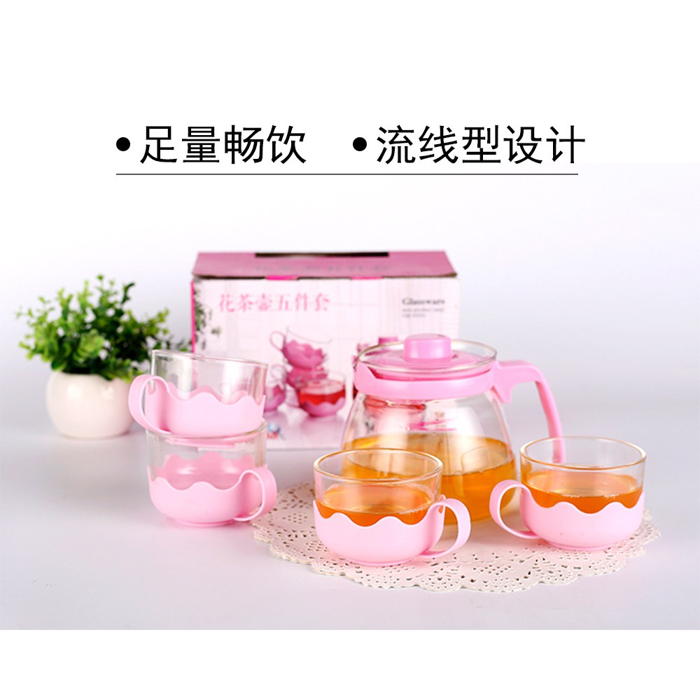 TEA POT KACA TEKO PLUS GELAS 5IN 1 MURAH