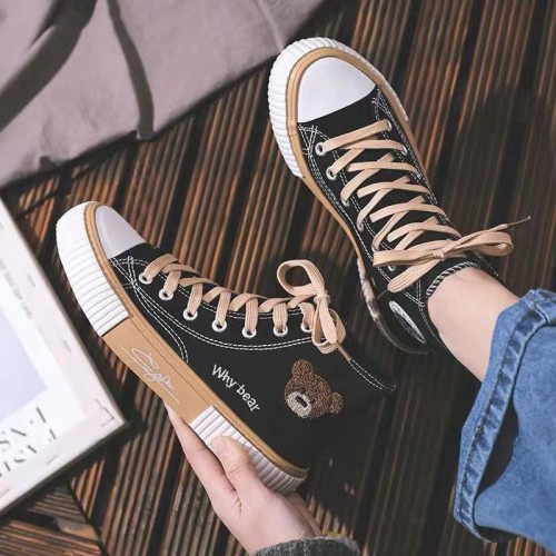 Sepatu Korea Wanita Why Bear Tinggi Hitam Coklat Import / Sepatu Sneakers Canvas Korean Style High Boot Women Fashion