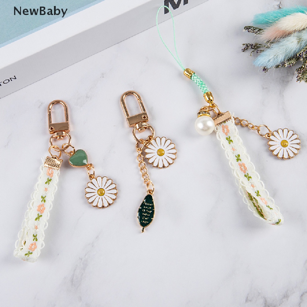 NewBaby Korean Flower Keychain Lanyard Ribbon Daisy Pendant Key Chain Keyring Bag Charms ID
