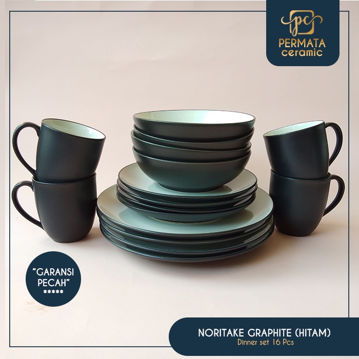 Piring Makan Dinner set Keramik motif Noritake Black 16Pcs