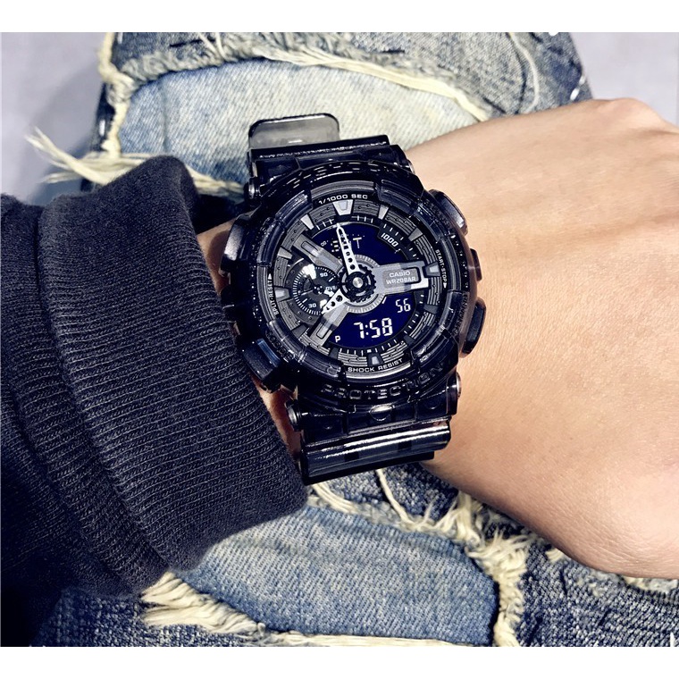 Jam Tangan Pria Casio G-Shock GA110 GA-110 Transparent Ice Tough 2.0 Black Samurai Japan Quartz Movement Dual Time Display 200M Water Resistant Shockproof and Waterproof World Time LED Auto Light Sports Wrist Watches