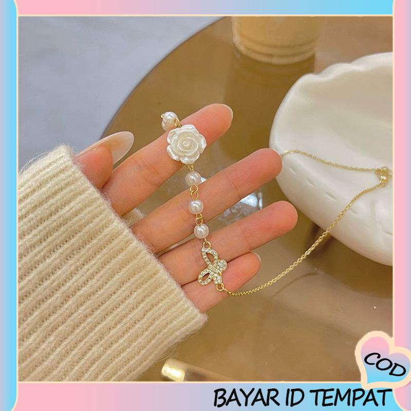 COD❤️ Desain Niche Indah Mutiara Busur Mawar Kalung Gadis Temperamen-A.one