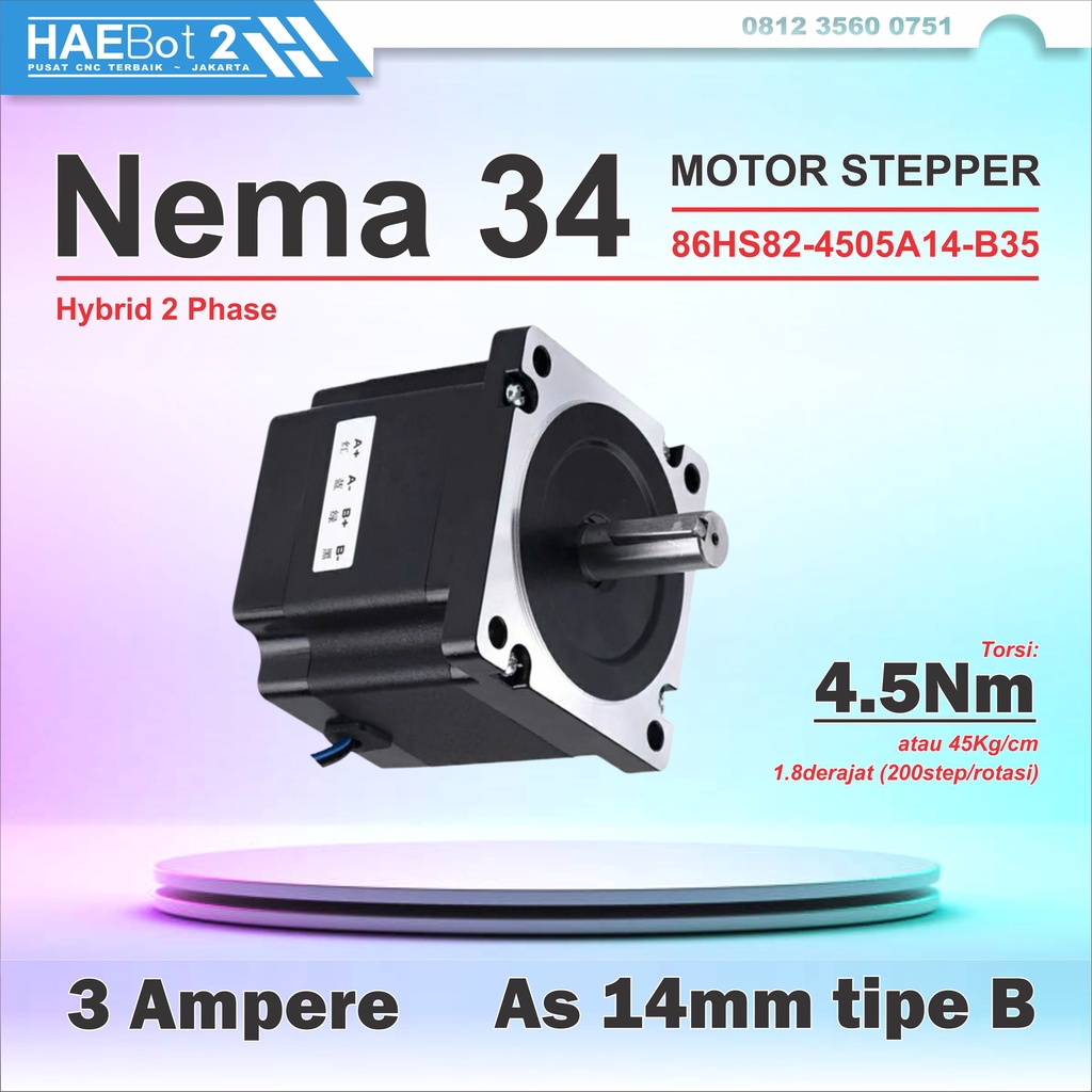 [HAEBOT 2] Motor Stepper Nema 34 Nema34 86HS82 4.5Nm 4.5A as 14mm CNC 82mm Bipolar 2 Phase Fasa Lase
