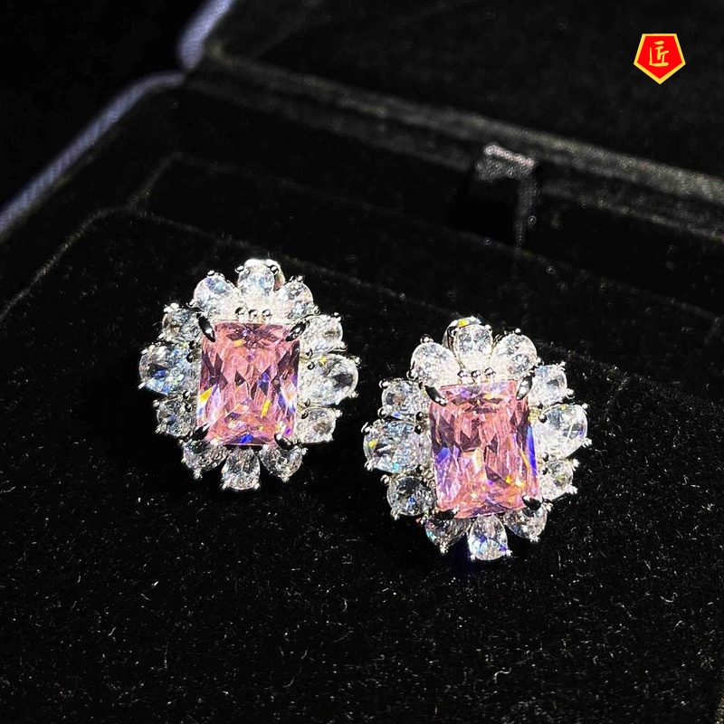 [Ready Stock]Square Pink Diamond Topaz Rings Ear Studs Suit for Women