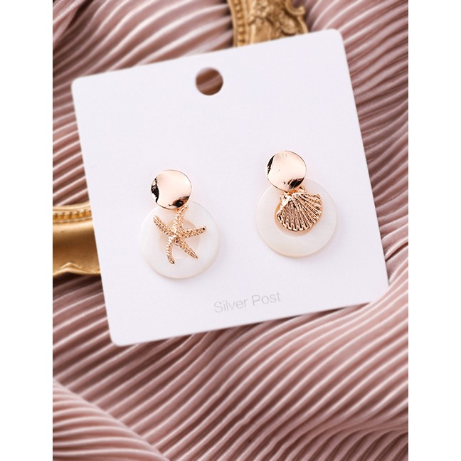 LRC Anting Tusuk Fashion Gold S925 Silver Needle Acrylic Metal Round Starfish Shell Asymmetric F5432