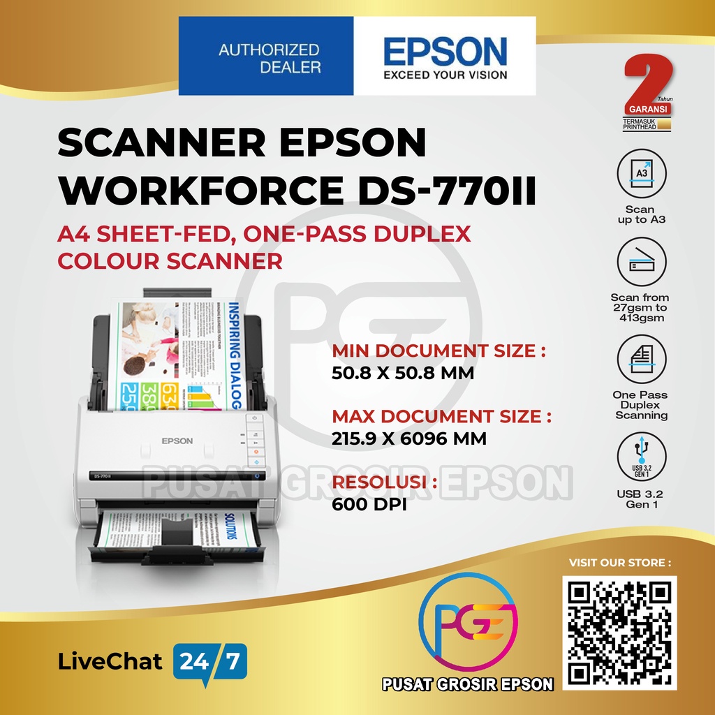 

Scanner EPSON WorkForce DS-770II DS770II DS 770II Color Document ORIGINAL DAN GARANSI RESMI