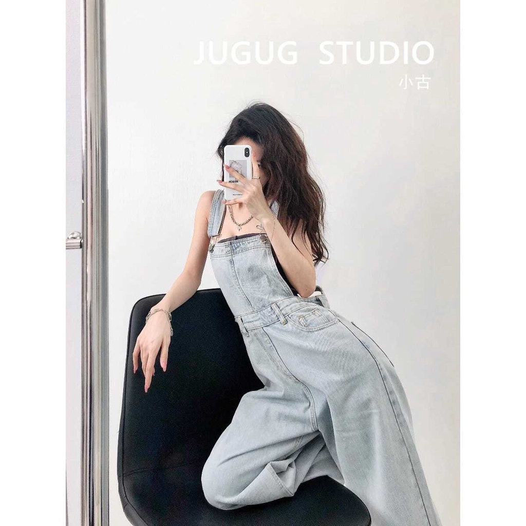 Overall denim longgar wanita 2022 musim semi dan musim panas celana panjang one-piece lurus berpingg