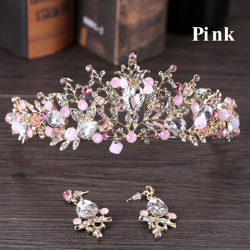 Deartiara Set Bando Tiara Handmade+Anting Tusuk Desain Kristal Warna Emas Pink Untuk Wedding