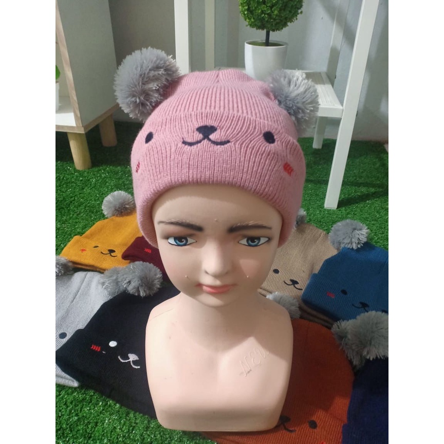 Kupluk bayi PUPPY rajut pompom topi anak rajut 0 sampai 3 tahun lucu