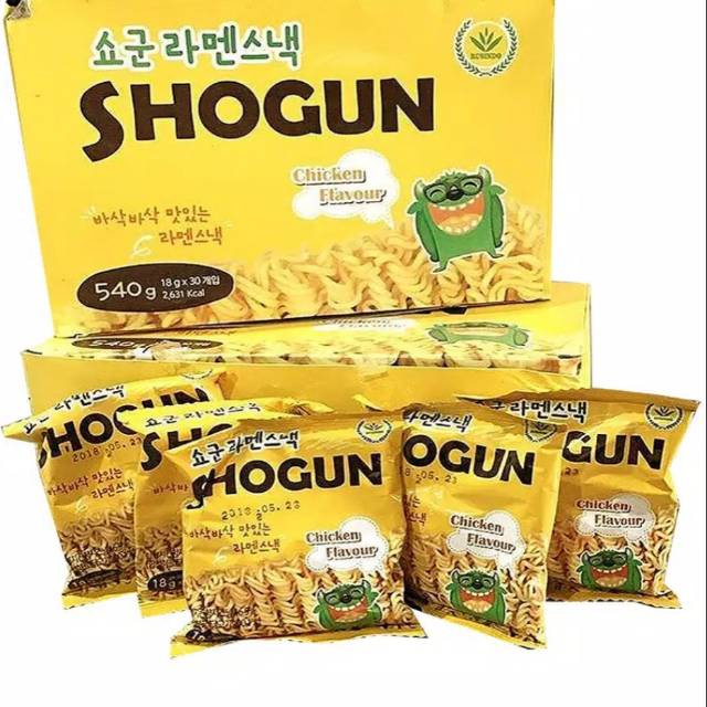 

SHOGUN mie kremes cemilan instan ( PER 1 BOX ISI 20 PCS ) rasa AYAM CHICKEN FLAVOR /KARO /SOY SAUCE.