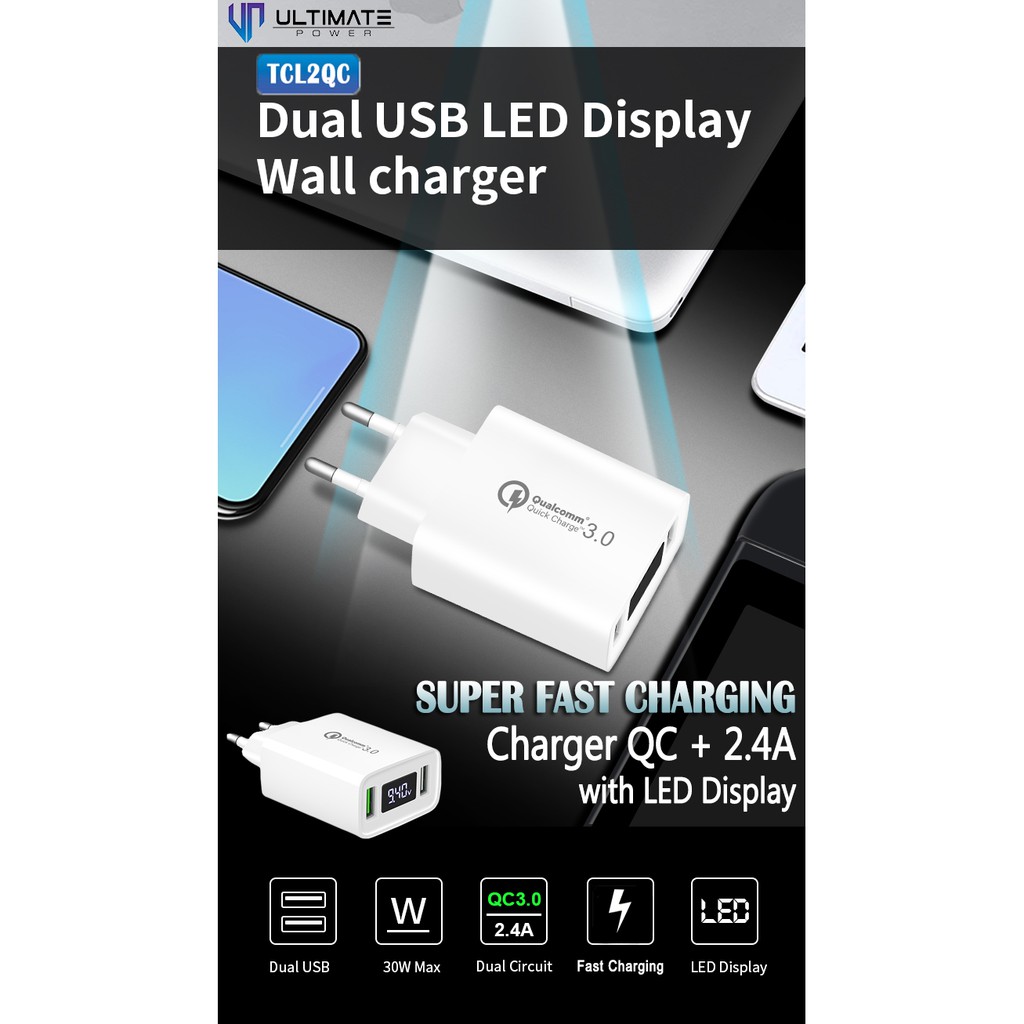 Batok Super Fast Charging 30W Charger QC + 2.4A with LED Display Ultimate Power  Original