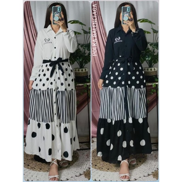 Gamis hitam putih fashion wanita dress terusan style gamis busui ootd hijab busui cantik (AQB)
