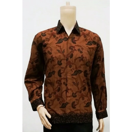 Kemeja Lengan Panjang Batik Sogan Jumbo Pria Motif Daun Bunga