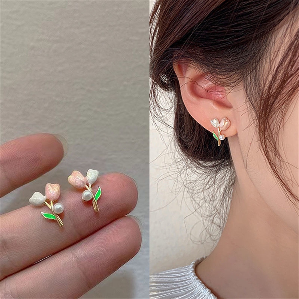 2022 Anting Tusuk Bentuk Bunga Tulip Warna pink Gaya retro Untuk Wanita