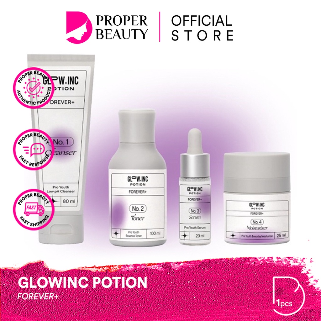 GLOWINC POTION FOREVER+ Indonesia / Pro Youth Chroma+ Bright Radiant Acnecore+ Clear AC Gentle+ Soothing Hydralive+ Moisture Lock Maintain+ Nutrient Skin Seamless Cleanser Toner Essence Serum Ampoule Cream Moisturizer Mask Dark Spot Glow Inc Paket