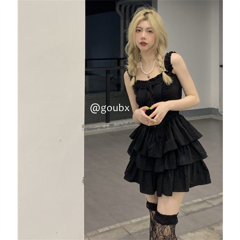 gaun gaya korea gaun suspender perancis wanita hitam kecil rok seksi