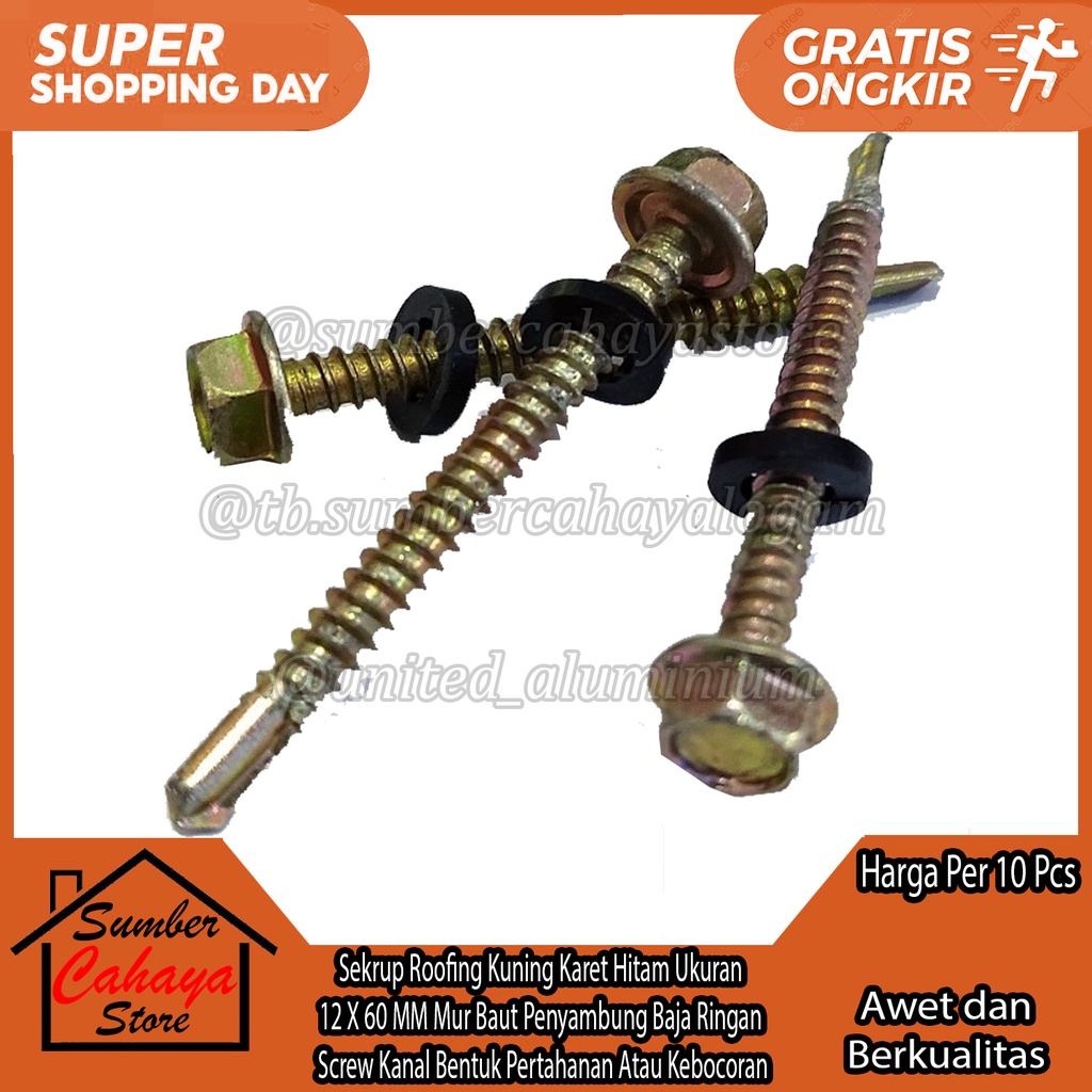 Sekrup Roofing Kuning Karet Hitam Ukuran Per 10PCS 12 X 65 MM Mur Baut Penyambung Baja Ringan Screw 