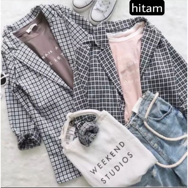 cardigan kera motiv kotak tangan panjang/blezer polos wanita/long cardy perempuan