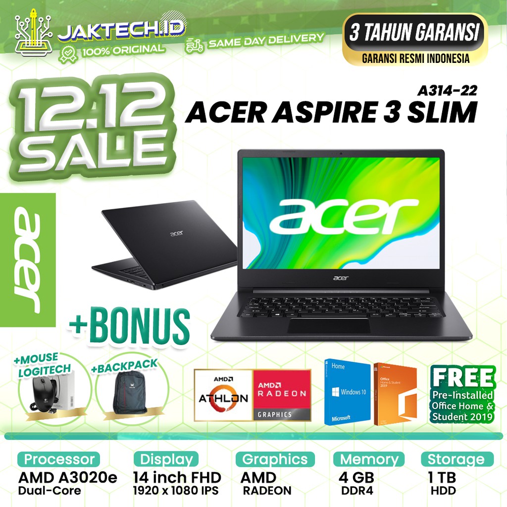 ACER Aspire 3 Slim A314-22 AMD Athlon A3020e 4GB HDD 1TB WIN10+OHS (14&quot;)