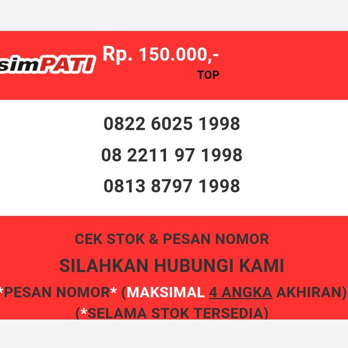Nomor cantik Telkomsel murah tahun lahir 1998 simpati & loop T0888-150