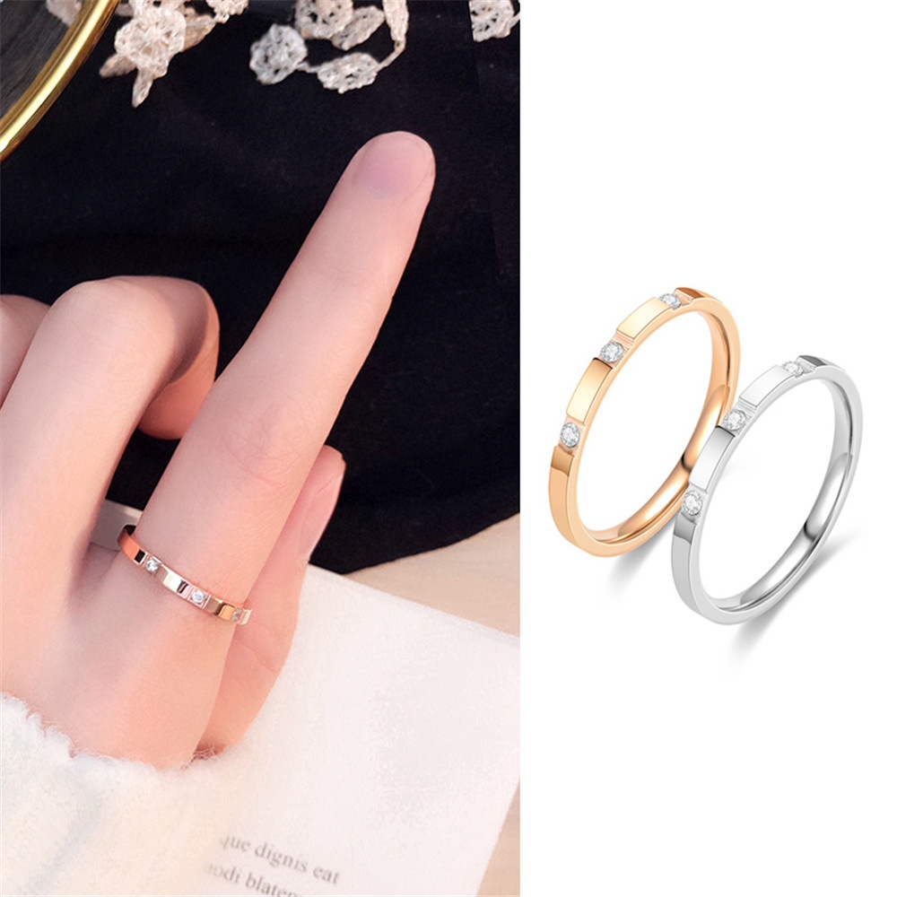 1 pcs Korea Titanium Steel Light Luxury Rose Gold Perak Berlian Pasangan Cincin Tipis untuk Pria dan Wanita