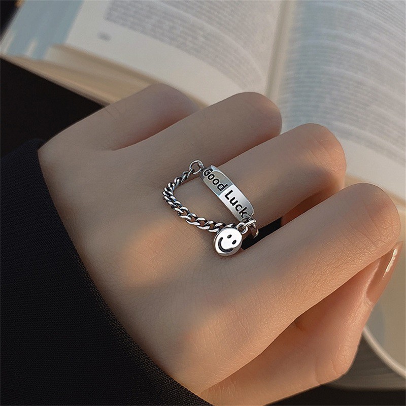 Cincin Rantai Model Terbuka Desain Smiley Face Bahan s925 Silver Gaya Thailand