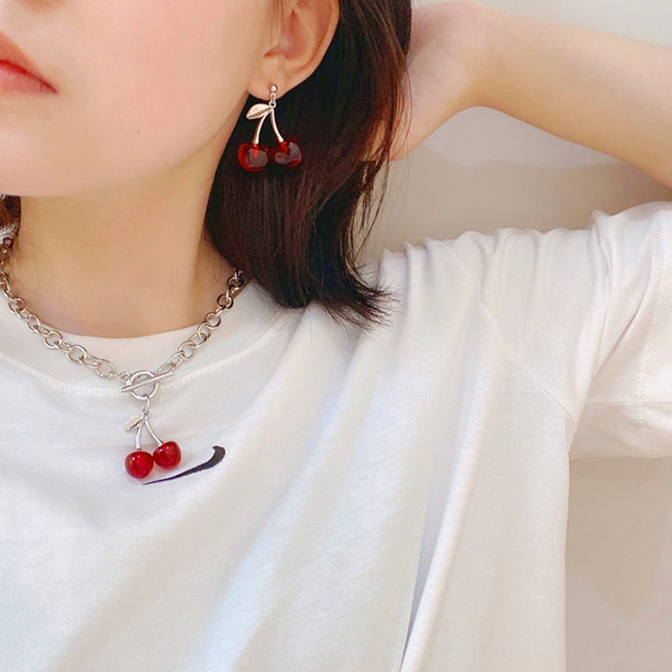 Selebriti Internet menyenangkan Cherry buah anting-anting giwang kalung lucu manis Jepang sterling s