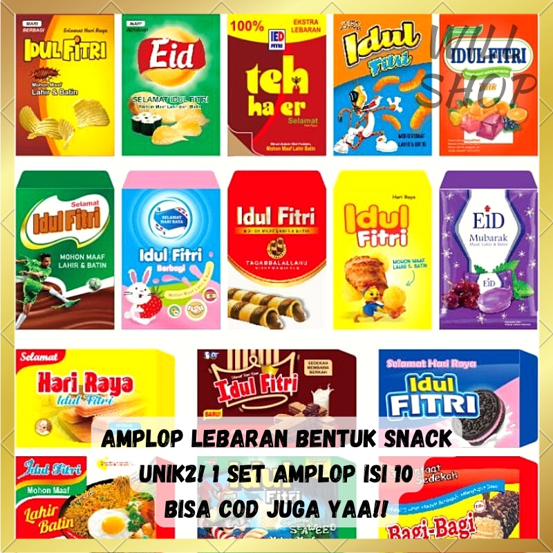 

TERBARU 1 Pack isi 10 Amplop unik viral bentuk snack Idul Fitri Lebaran Ramadhan Motif makanan ringan bisa Grosir / COD