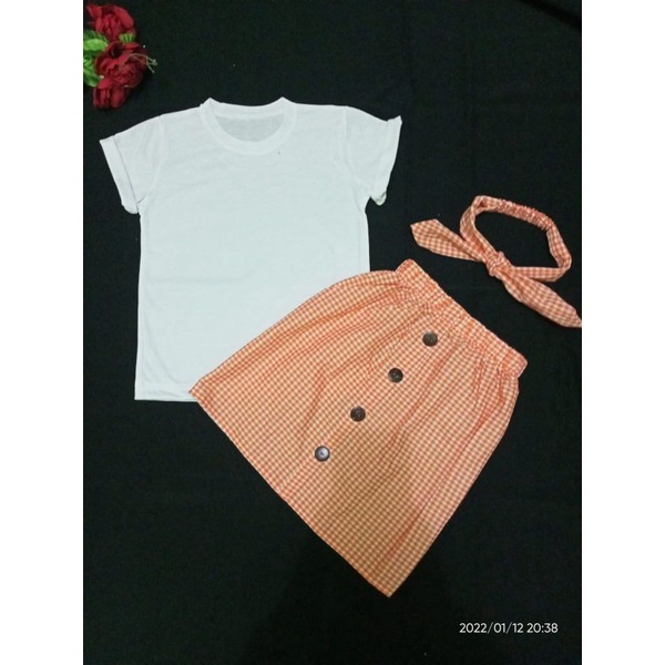 3in1 rok pendek  YaYa motif kotak+ atasan polos+ /bando