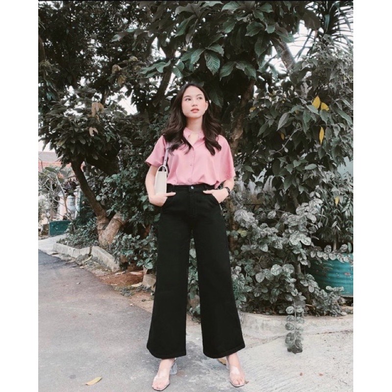 Celana Kulot Jeans Highwaist Polos Warna Hitam Putih dan Mocca