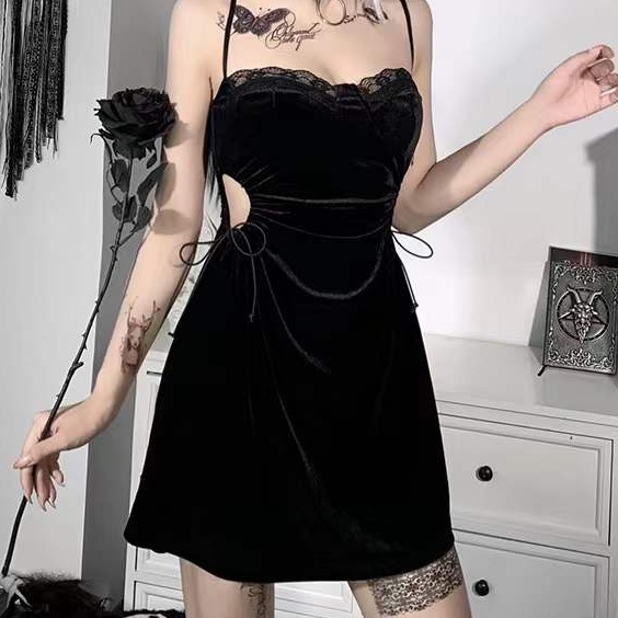 [Goth ] Vintage Grunge Velvet Mini Dress 8488 (S/M/L)